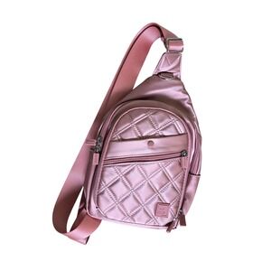 IHKWIP Convertible Sidekick Sling Backpack Quilted Metallic Rose Pink Day Bag